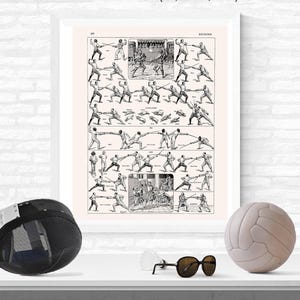 May include: A framed poster with a black and white illustration of fencing techniques. The poster is 40.6 x 50.8 cm. A fencing mask, sunglasses, a shuttlecock, and a volleyball are in front of the poster.