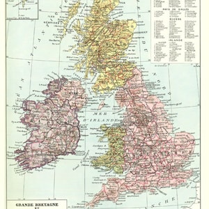 1936 Carte de Grande Bretagne & Irlande ancienne de l'entre-deux guerres. Royaume Uni. Cadeau pour historien, géographe, professeur Anglais