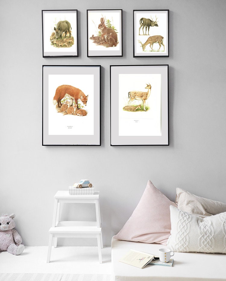 Baby Mom Water Deer Print 1970.vintage Animal Art Doe Poster French ...