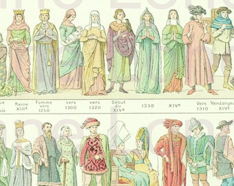 1922 Gravure ancienne de costume histoire de la mode française Costumes historiques 13e au 17e siècle civil vintage 1922