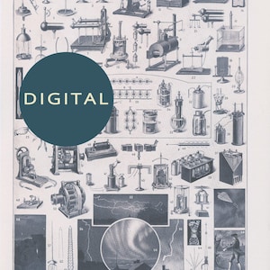 May include: Vintage illustration of various electrical devices, including batteries, generators, and scientific instruments. The word "ELECTRICITE" is at the top. A teal circle with the word "DIGITAL" is in the center. A detailed educational print.