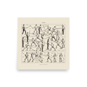 Può includere: Una stampa in stile antico con una serie di illustrazioni che dimostrano tecniche di combattimento con la canna. La stampa è in bianco e nero, con la parola "CANNE" in alto. Le figure sono mostrate in varie posizioni, che tengono le canne.