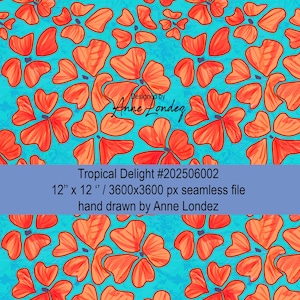 Motif textile floral tropical orange répétitif infini numérique en téléchargement immédiat. Papier peint moderne coloré licence commerciale