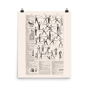 May include: A vintage print showing illustrations of fencing techniques and related vocabulary, set against dictionary pages. The word "CAN" is at the top. The print is mounted on a cream-colored background, with a black clip at the top.