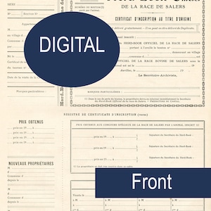Puede incluir: Un documento de estilo antiguo titulado Herd-Book Officiel de la Race de Salers, que presenta secciones para certificados de registro, información del propietario y premios. El papel tiene un aspecto beige envejecido.