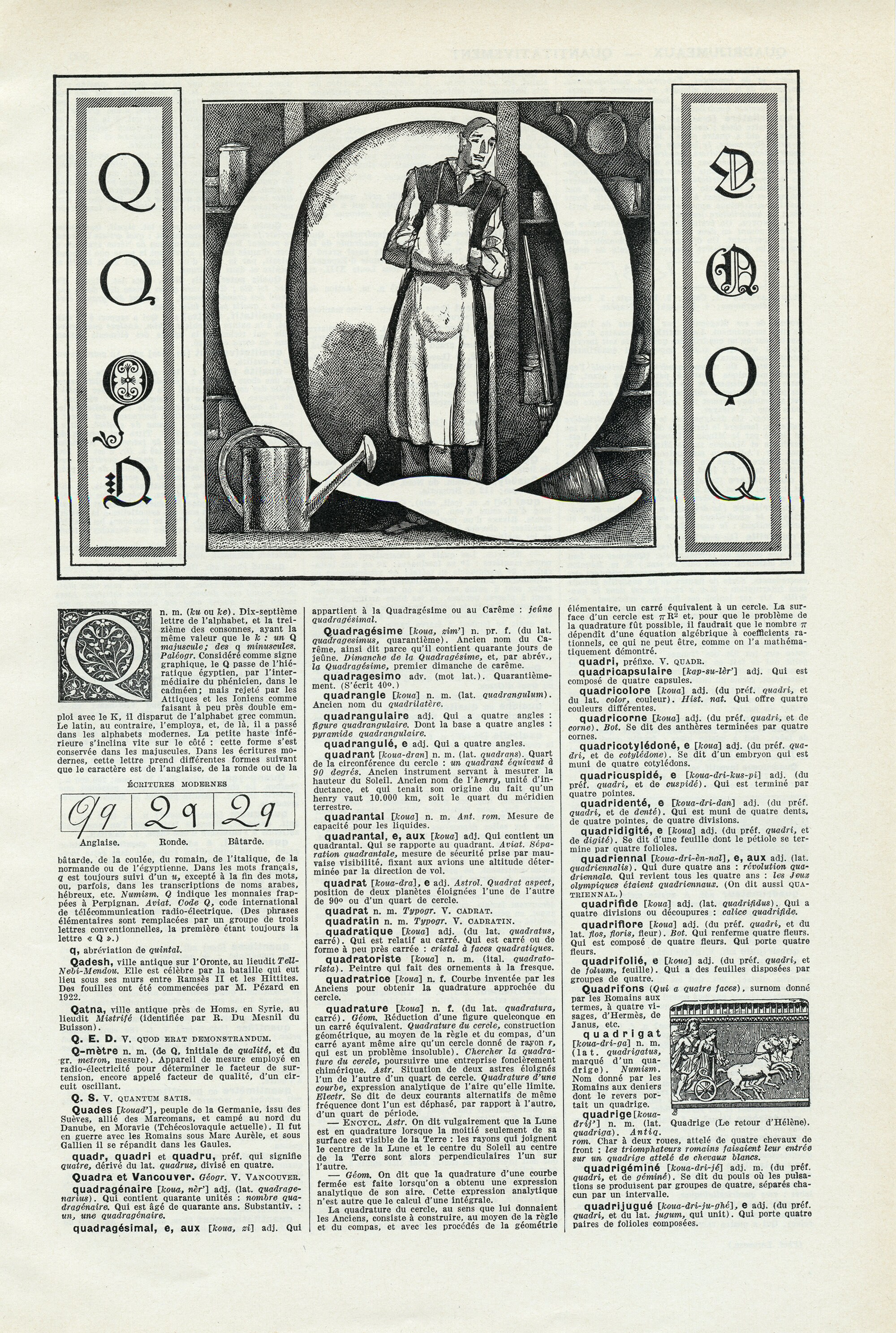 1948 Lettre Q Illustration Vintage Page de Dictionnaire Calligraphie Vintage Initiale L'alphabet Déc