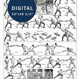 May include: A monochrome vintage print depicting fencing techniques, featuring various poses and stances with swords, labelled with French terms. A blue circle with the text "DIGITAL 12"x16 1/2"" (30.5cm x 41.9cm) is overlaid on the image.