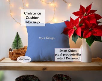 Cozy holiday Pillow Mockup for Procreate & Smart Object Photoshop psd - modern Christmas lights cushion poinsettia instant download