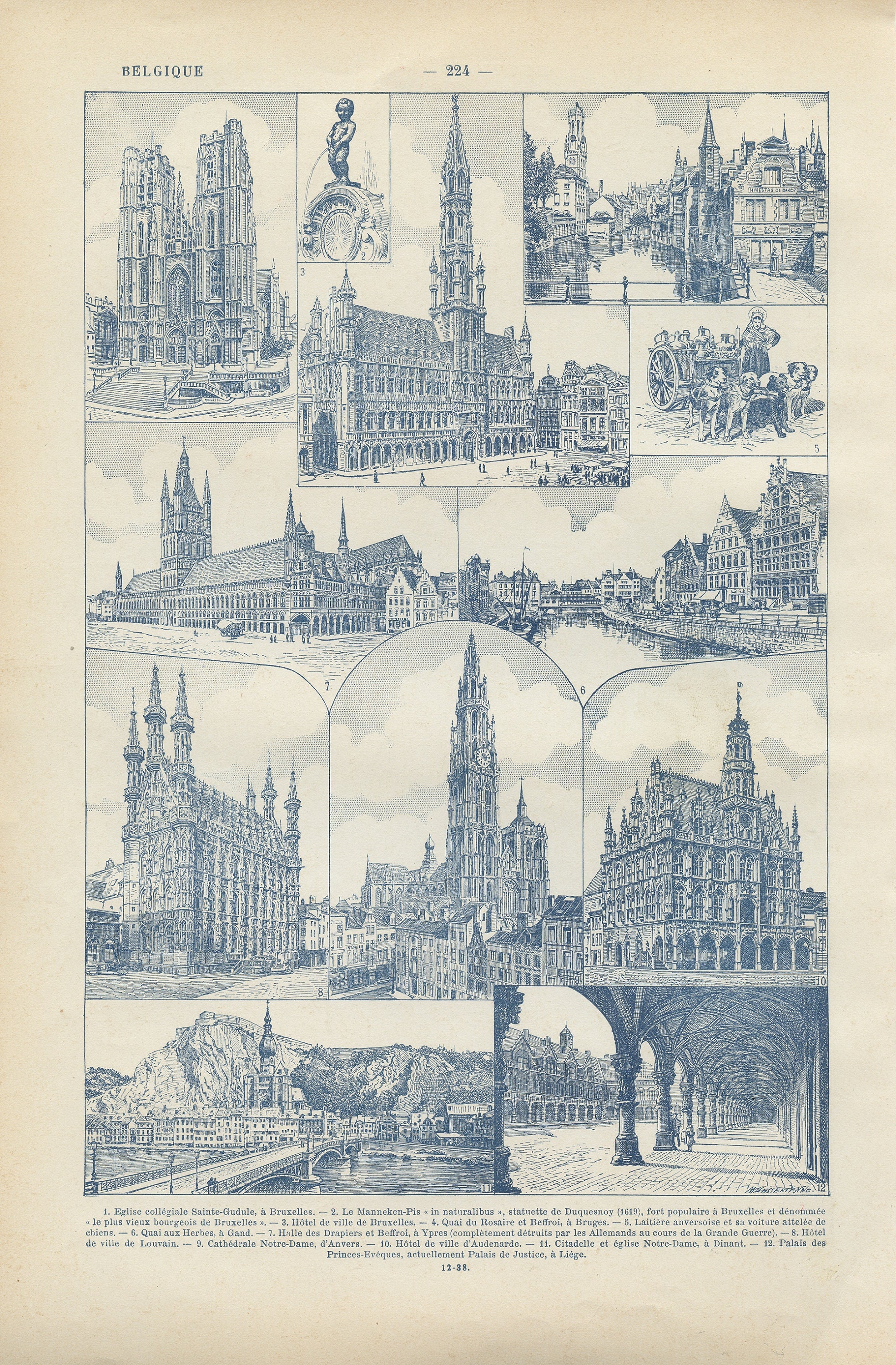 Gravure Des Monuments de Belgique 1922. Carte La Vintage. Décoration Murale Belge. Architecture Flam