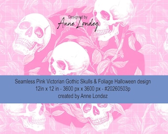 Pink Victorian Gothic Skulls & Foliage Halloween seamless pattern commercial license 300dpi instant download digital png  Steampunk Coquette
