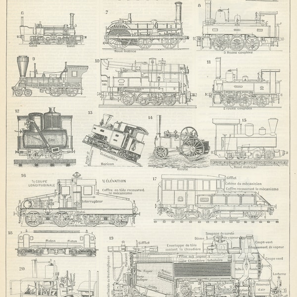 Illustration de chemins de fer de 1897. Petite affiche de trains. Cadeau train cheminot. Décoration de bureau ou chambre d'enfant.