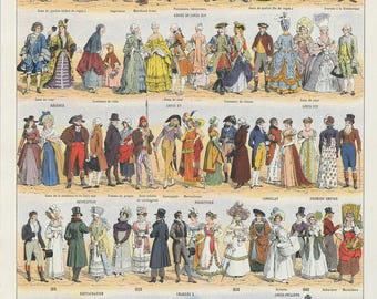 以下が含まれることがあります： 「COSTUMES CIVILS」と題されたヴィンテージプリントは、さまざまな時代の歴史的ファッションを描いています。ルネサンスから20世紀初頭までのドレス、コート、帽子など、さまざまな服装のスタイルの詳細なイラストが掲載されています。プリントにはフランス語のテキストが含まれています。