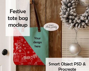 Festive winter Holiday tote bag Mockup Procreate & Smart Object Photoshop psd boho Christmas cottagecore hygge mockup instant download