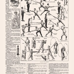 May include: A vintage illustration shows martial arts techniques using a cane. The figures are demonstrating moves such as guards, strikes, and parries. The image is from a French dictionary.