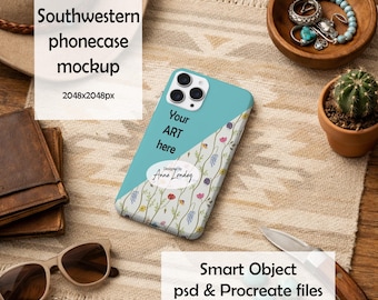 Southwestern Prairie phonecase Mockup for Procreate & Smart Object Photoshop psd. Flatlay instant download cute cowgirl neutral