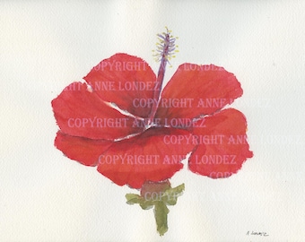 Original red hibiscus watercolor painting on Arches paper  by Anne Londez - Modern Unframed handpainted artwork botanical floral home decor