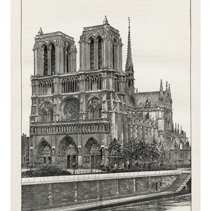 18x24&quot; Large Notre Dame de Paris poster from a black and white 1889 drawing. 12x16&quot; Notre Dame cathedral architecture. 16x20&quot; Paris decor