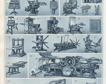 May include: An illustration of various printing machines and tools, including typewriters, presses, and composing tools. The image is in shades of blue and features the word "IMPRIMERIE" at the top. The image is a vintage print.