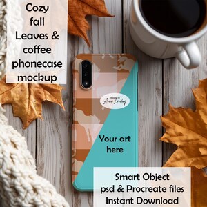 May include: A phone case mockup with a fall theme. The case features a brown and peach plaid design with a turquoise accent. The image includes fall leaves, a coffee cup, and text that reads "Your art here."