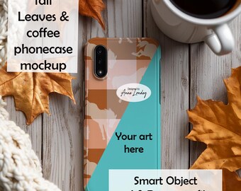 Cozy autumn leaves coffee phonecase Mockup for Procreate & Smart Object Photoshop psd. Flatlay fall winter instant download cottagecore