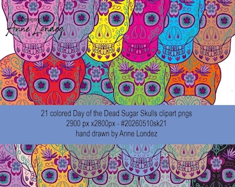 21 colorful floral hand drawn Sugar Skulls PNG clip art bundle for Day of the Dead Mexican Halloween. 300dpi instant download