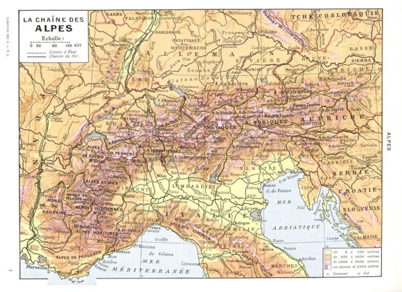 Pequeño mapa antiguo de la cordillera de los Alpes 1936 Etsy México