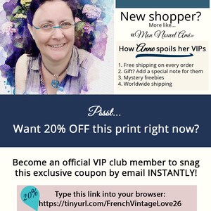The image is a promotional poster for a French Vintage Love store, featuring a smiling woman with flowers in her hair and a colorful background.
