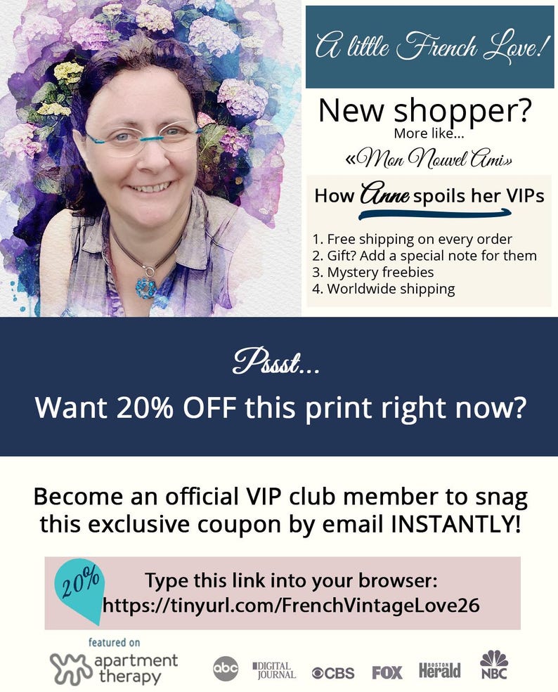The image is a promotional poster for a French Vintage Love store, featuring a smiling woman with flowers in her hair and a colorful background.