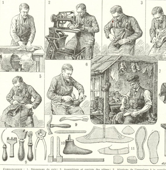 1936 Illustrations de Cordonnier Vintage Artisan Cadeau Déco Magasin Chaussures Dressing