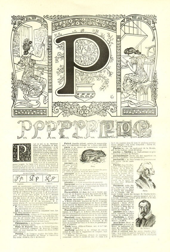 1922 Lettre P Illustration de Calligraphie Vintage Alphabet Page Dictionnaire Déco Salle Classe