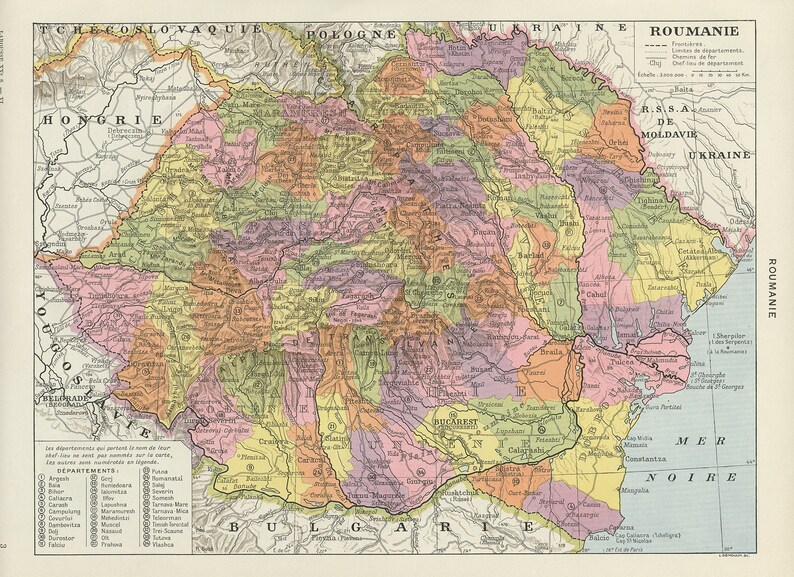 Vintage Romania map from 1936. Vintage Romanian gift wall decor. Language teacher gift. Office decor. Old maps. Small antique geography imagem 1