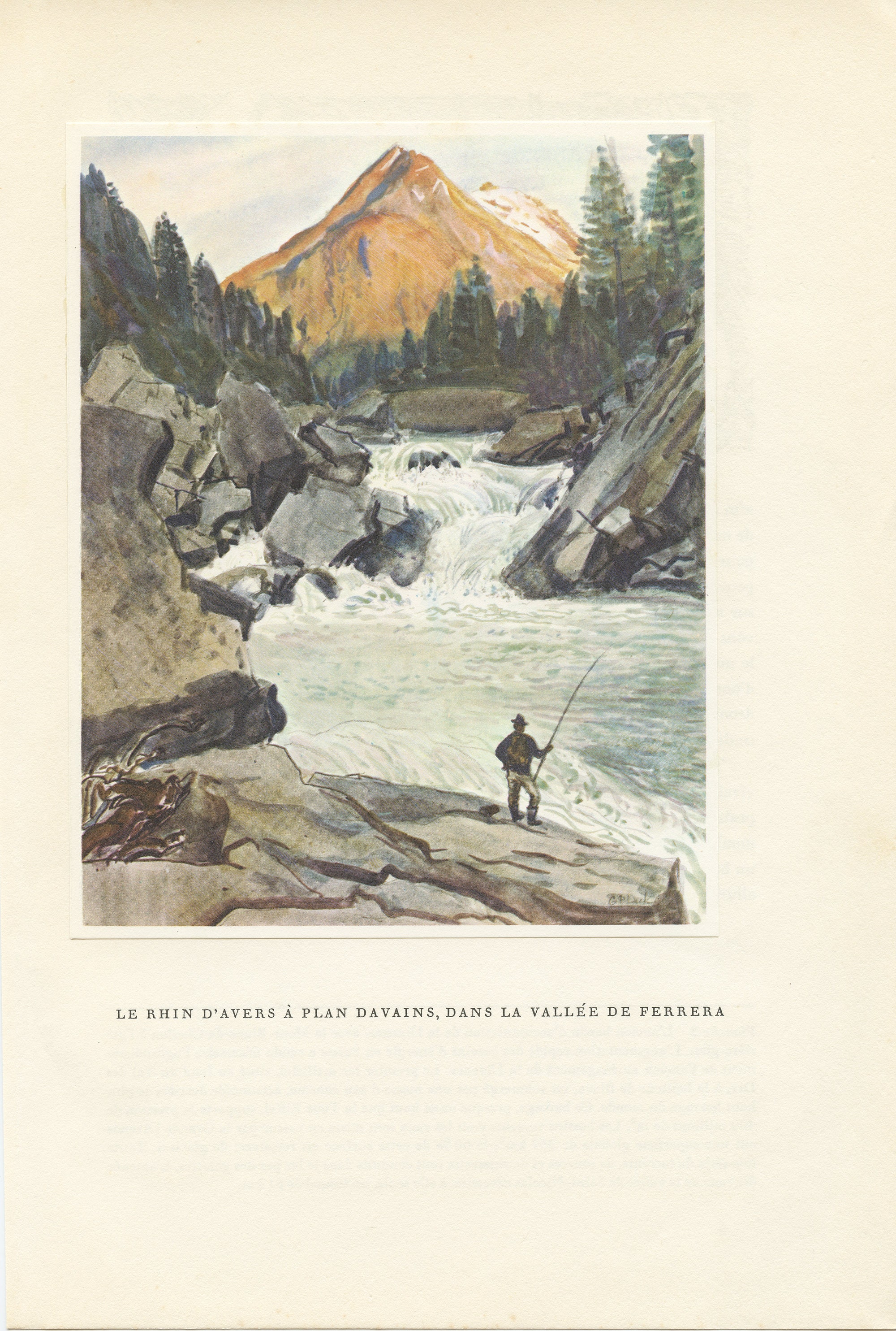 1961 Illustration Du Rhin d'avers, Plan Davain Dans Le Val Ferrera, Suisse, avec Pêcheur et Montagne