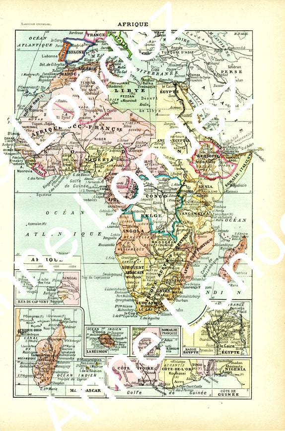 1922 Carte d'afrique Ancienne Carte Vintage