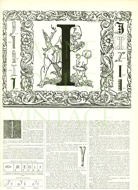 1936 Lettre I Illustration Vintage Calligraphie Gravure de Lettre Initiale Vintage