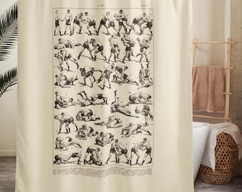 Antique boxing Shower curtain from a 1936 French antique illustration for sports gym dorm bathroom decor.