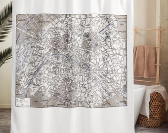 Vintage Paris city map Shower curtain for stylish Parisian bathroom decor. Black and white