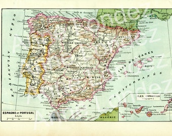 1922 Antique map of Spain & Portugal, vintage map print, Spain print, Portugal map, Portugal gifts, Spanish teacher gifts, SPanish decor