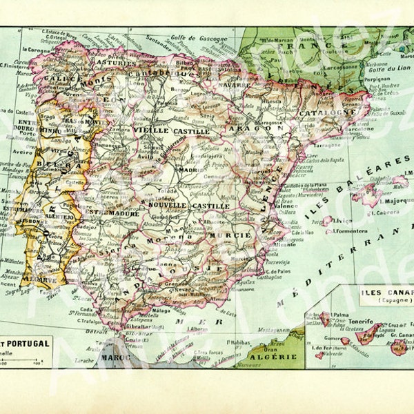 1922 Carte d'Espagne vintage Carte du Portugal ancienne carte ancienne Carte vintage Vieille carte d'Espagne Vieille carte du Portugal