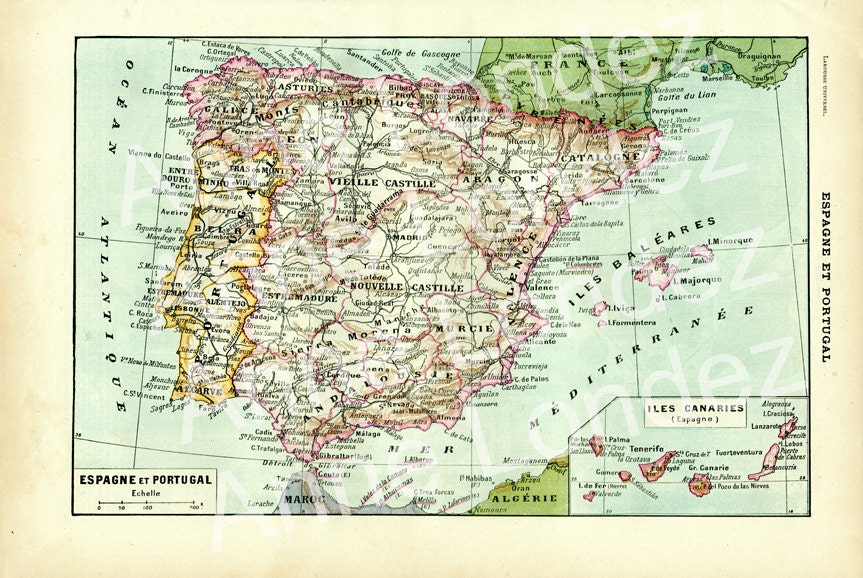 1922 Carte d'espagne Vintage Du Portugal Ancienne Carte Vieille Portugal