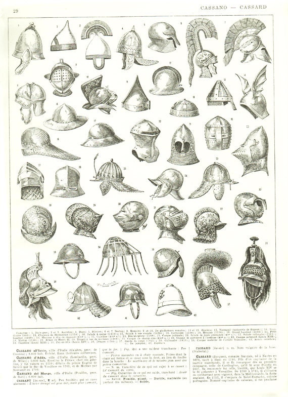 1936 Illustrtaion de Casques Anciens Poster Armures Costume d'époque Cadeau Costume Historique Couvr