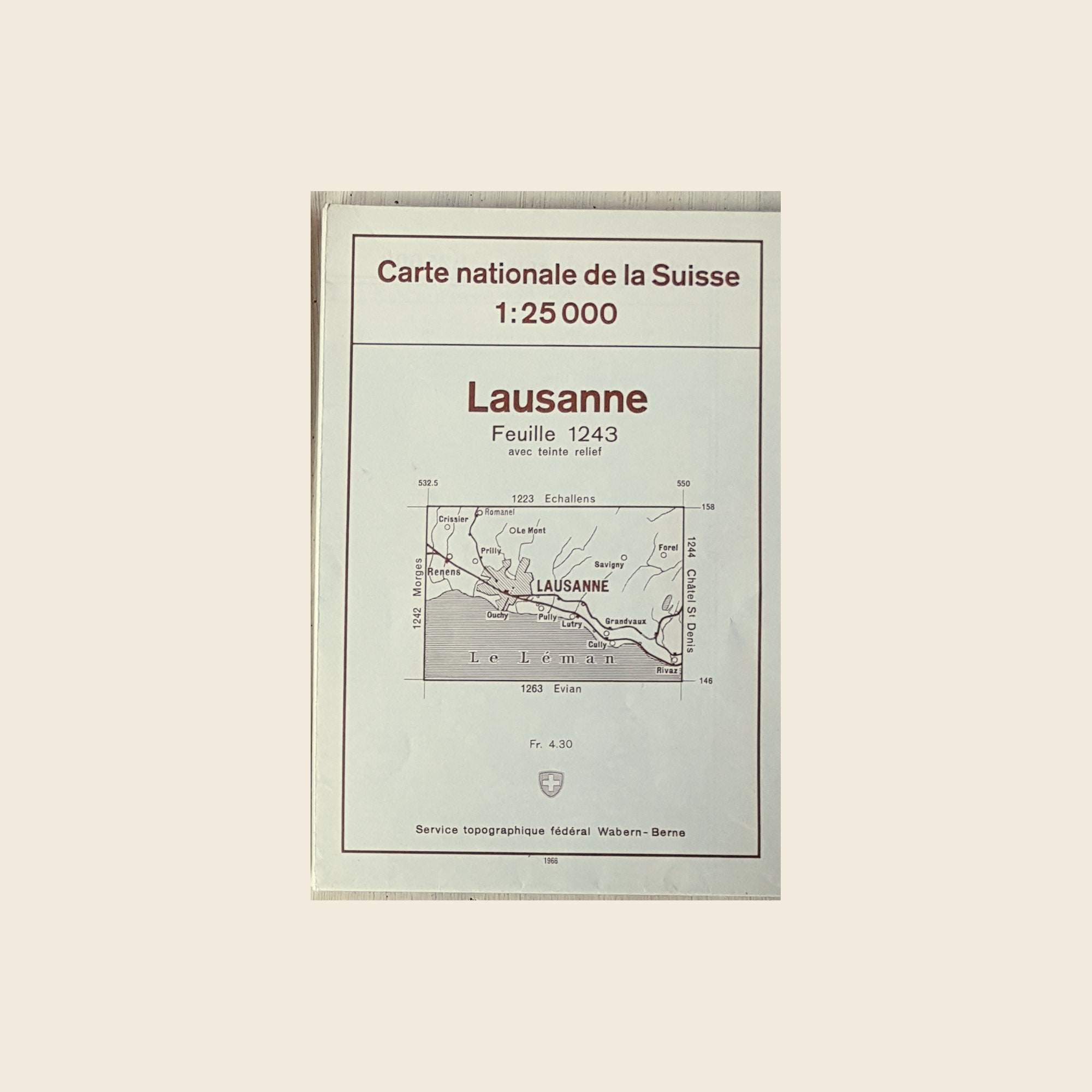1966 Ancienne Carte Topographique Suisse Lausanne. Grande Du Lavaux. Vaud Pully Lutry Cully Rivaz Pr