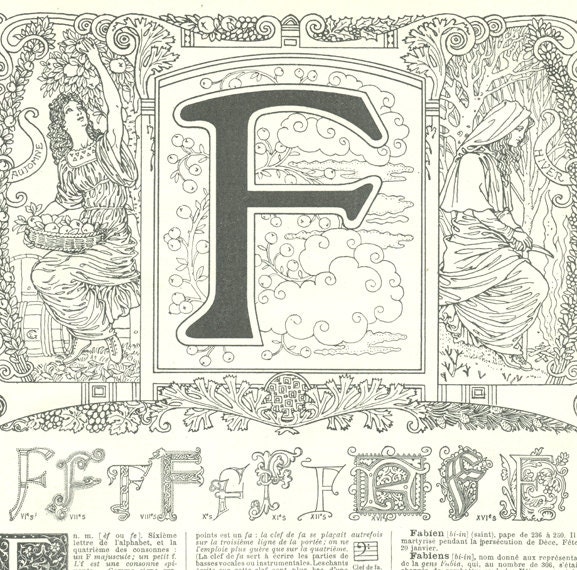 1922 Lettre F Vintage Illustration de Calligraphie Initiale L'aphabet Page Dictionnaire Calligraphie