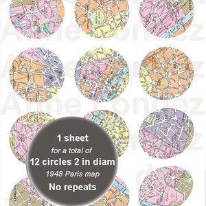 2 in circles Digital vintage Paris Map, French map printable for scrapbook paper, Digital Circles for cabochon, Sheet printable French map