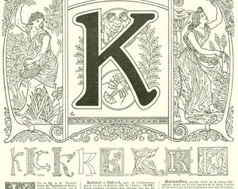 1922 Lettre K vintage Illustration de calligraphie vintage Lettre de l'alphabet Initiale K  Page de dictionnaire Calligraphie