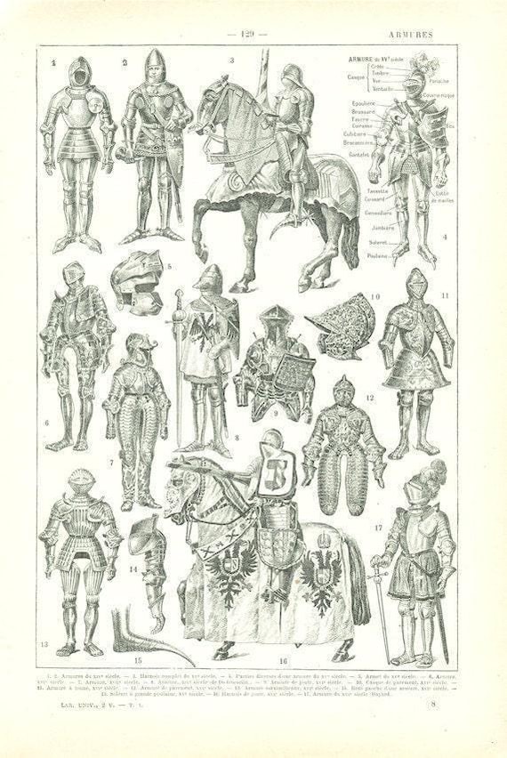 1922 vintage suit of armor print medieval poster. Knight armor suit of armour middle-age clothing. Cosplay costumes ideas Dark Academia