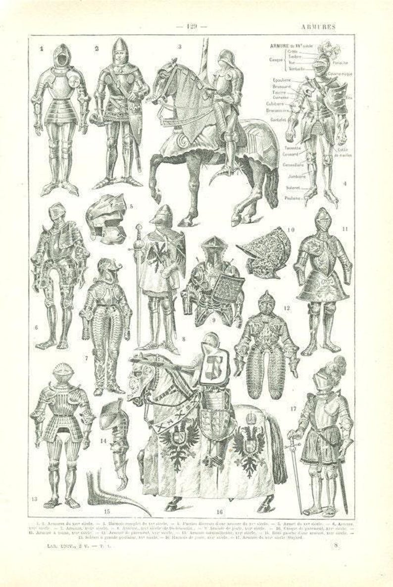 1922 vintage suit of armor print medieval poster. Knight armor suit of armour middle-age clothing. Cosplay costumes ideas Dark Academia zdjęcie 1
