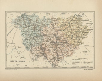 1892 map of Haute Loire engraving. French country decor. Map wall art. Geography Teacher gifts Travel memento Le Puy Auvergne wall art