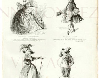 1868 Antique French fashion engraving Louis XV French historical costumes Vintage festival clothing seamstress gift. Coquette room decor.