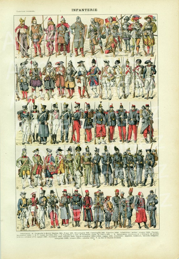 Gravure Ancienne Infanterie Vintage Histoire Militaire 1922 Armée Soldats Uniformes