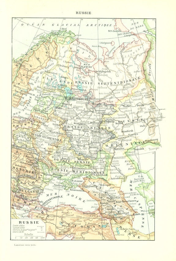 Carte de Russie Ancienne 1908 Vintage Français Page Dictionnaire Français